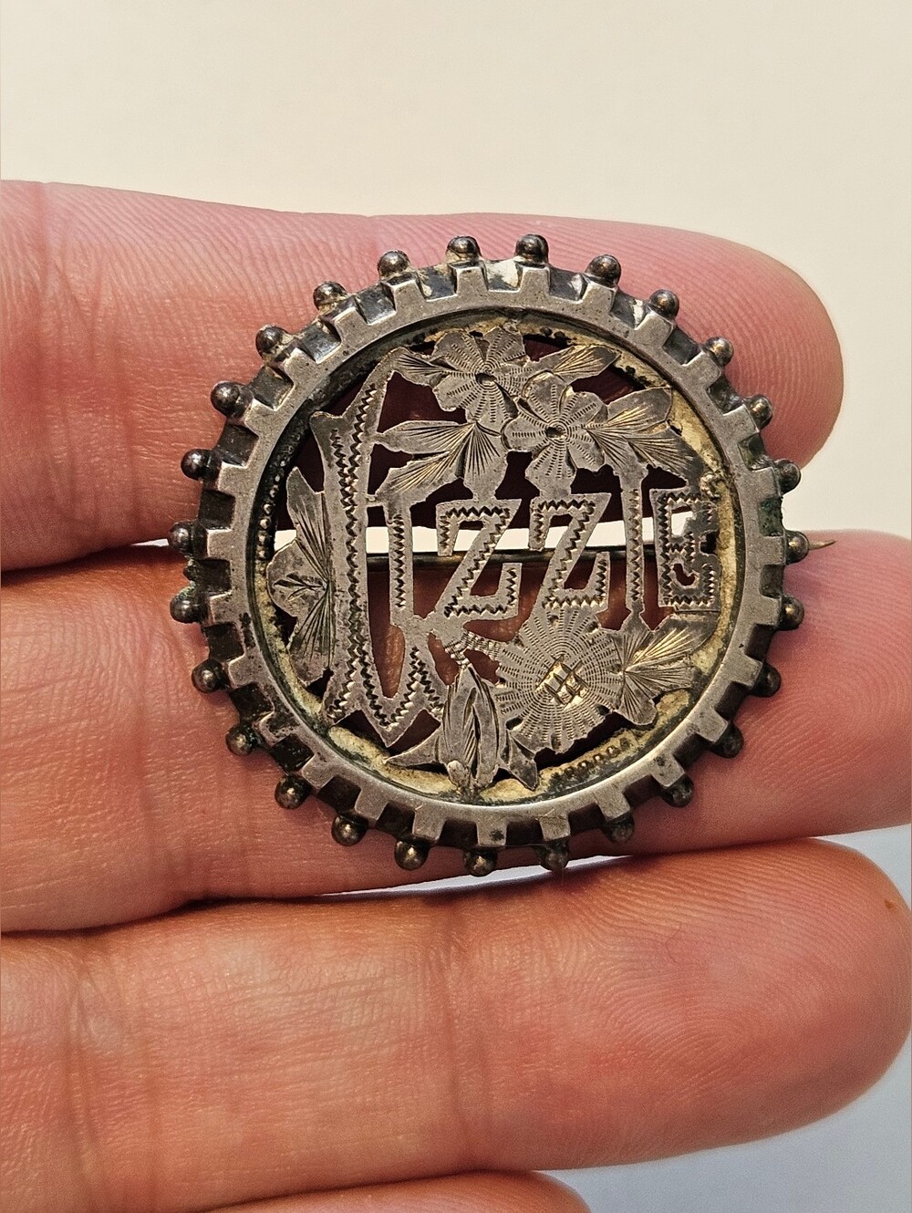 Antique Victorian Sterling Silver 1.5" Brooch Pin LIZZIE Elizabeth C CLASP